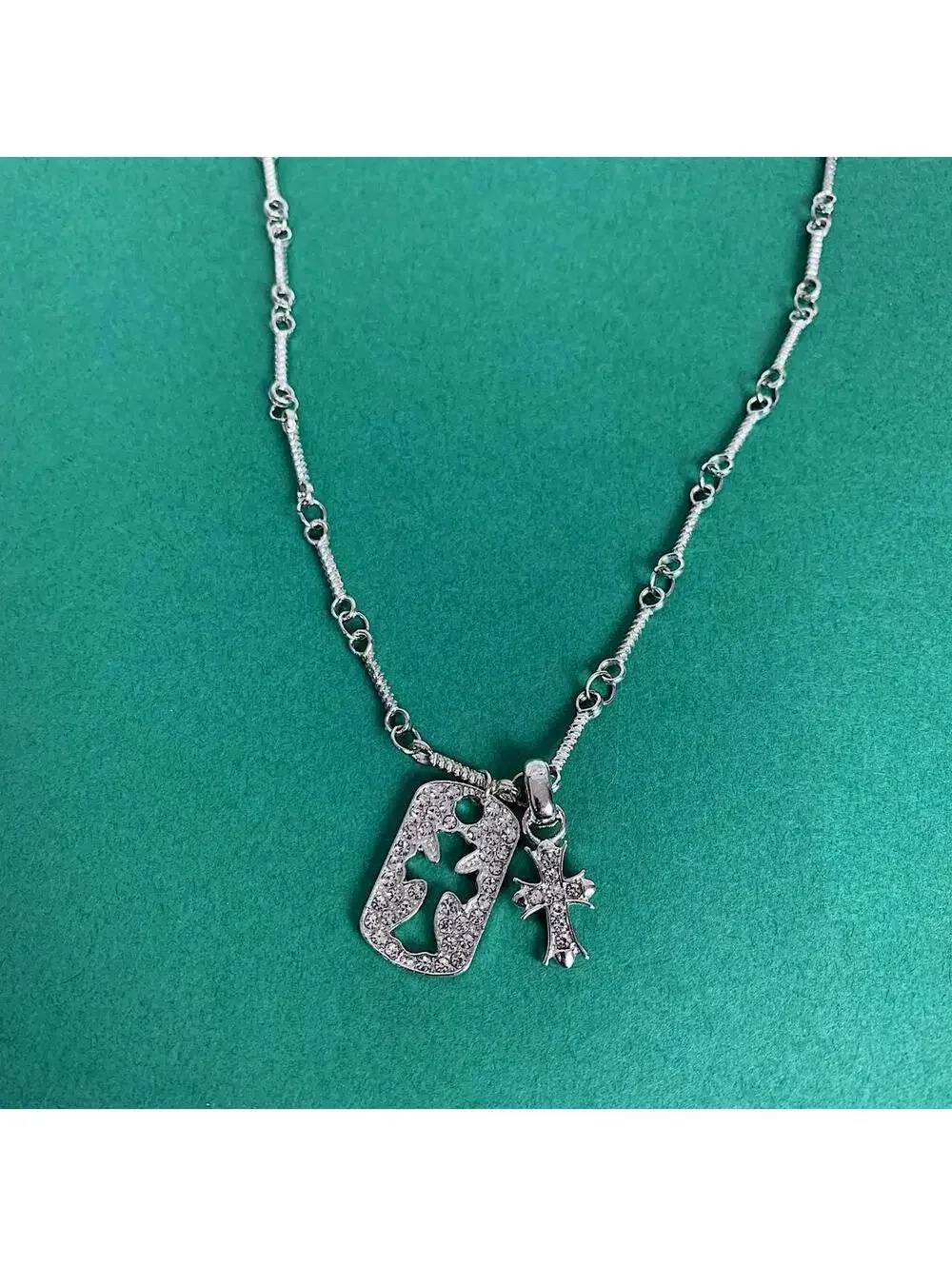 Y2K Cyber Grunge Silver Cross Rhinestone Dog Tag Style Pendant Necklace